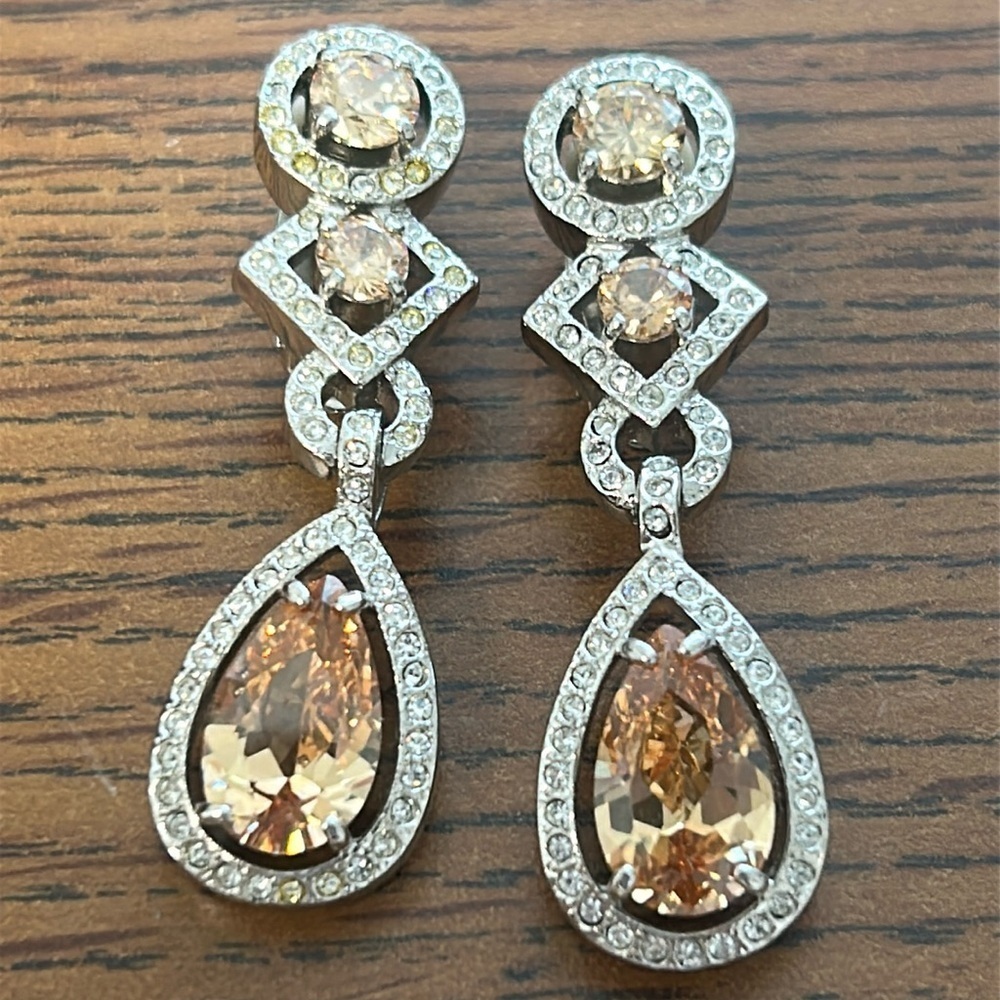 Synthetic Pink Peach Morganite Crystal Drop Bridal Clip On Dangle Earrings